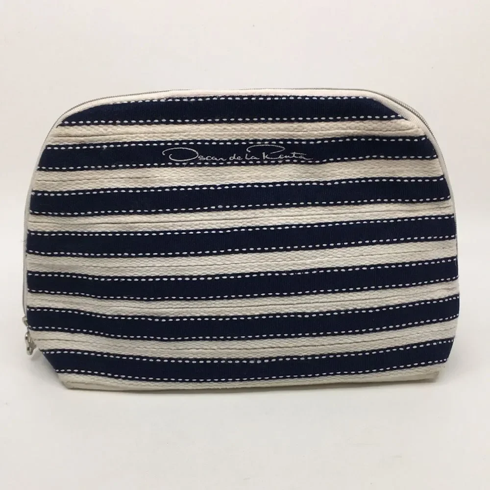 Oscar de la Renta Navy Blue and Cream Striped Padded Makeup / Cosmetic Bag